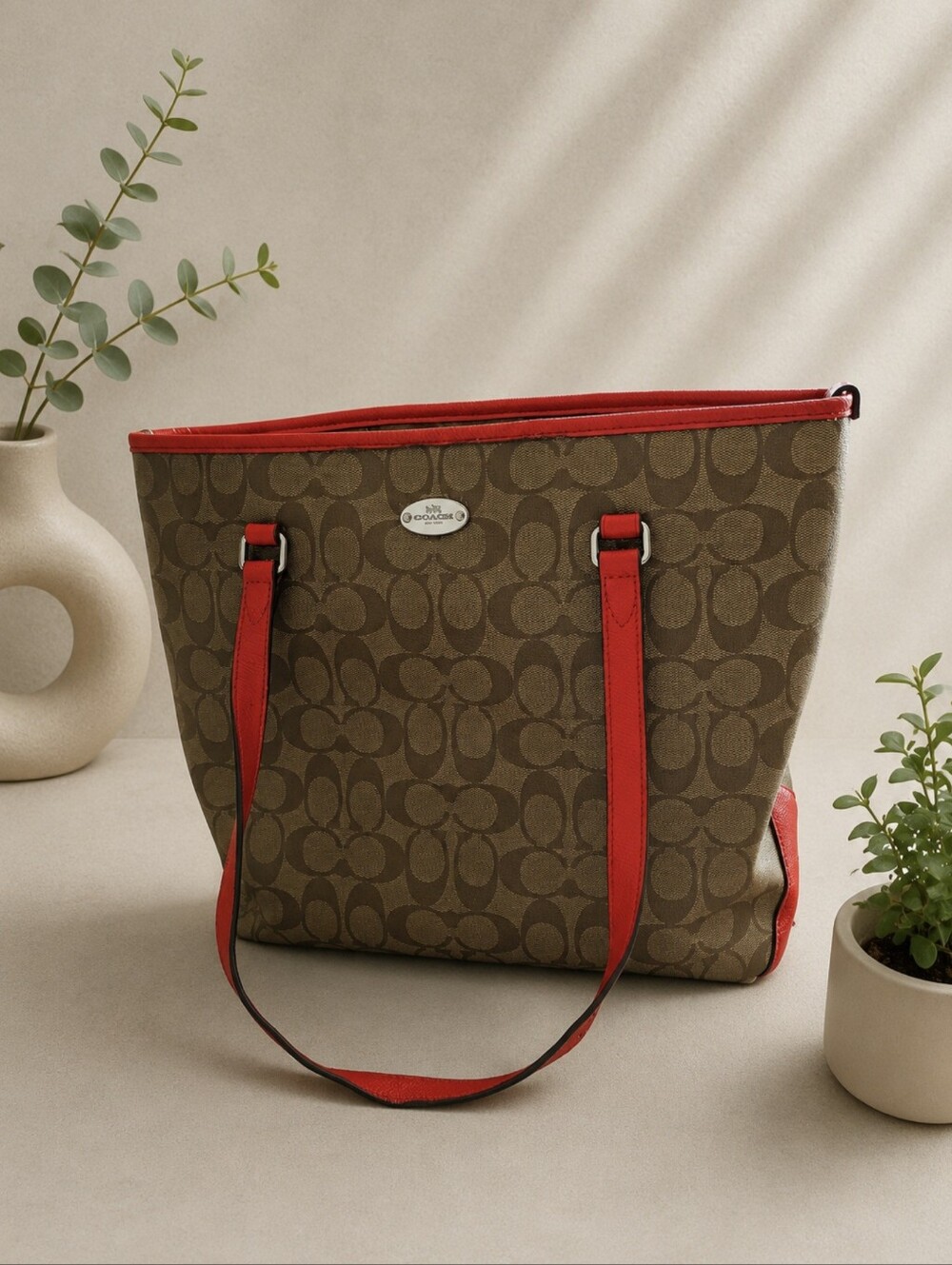 Coach F34603 Signature Zip Top Tote Khaki Orange